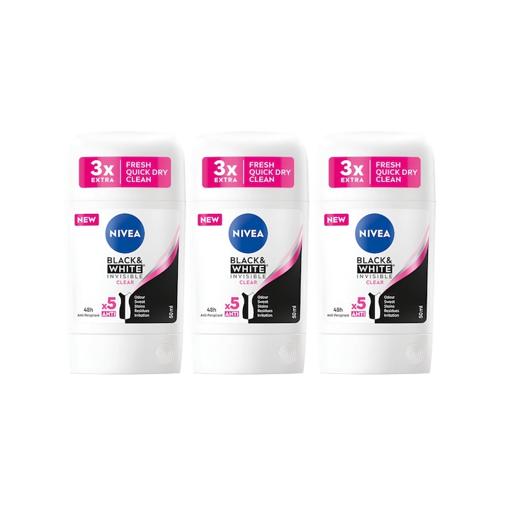 Set 3 x Deodorant Stick Nivea Woman 50ml, Black&White Invisible Clear, Anti-urme albe, revirgorant, prospetime de durata, protectie 48h