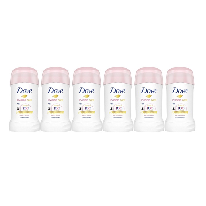 Set 6 x Deodorant Stick Dove Woman 40ml, Invisible Care, Anti-urme albe, revirgorant, prospetime de durata, protectie 48h