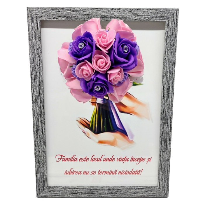 Tablou in rama A4 (30x21 cm) - Familia este locul unde viata incepe si iubirea nu se termina niciodata - v12 decorat cu flori de sapun mov - roz