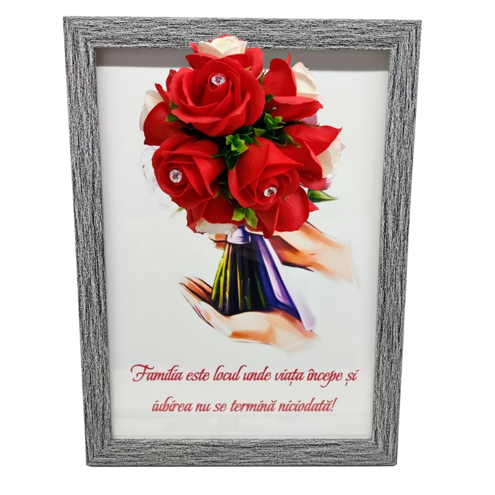 Tablou in rama A4 (30x21 cm) - Familia este locul unde viata incepe si iubirea nu se termina niciodata - v12 decorat cu flori de sapun rosii