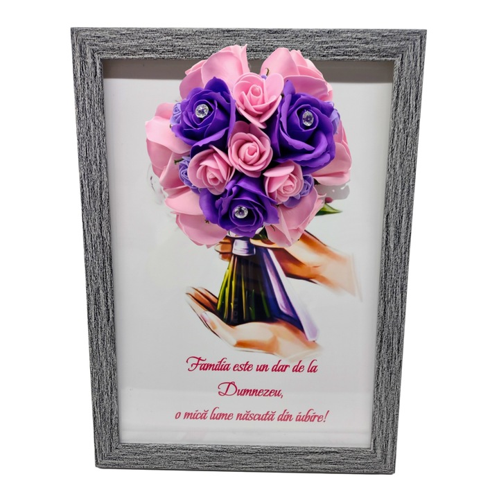 Tablou in rama A4 (30x21 cm) - Familia este un dar de la Dumnezeu, o mica lume nascuta din iubire! - v12 decorat cu flori de sapun mov - roz