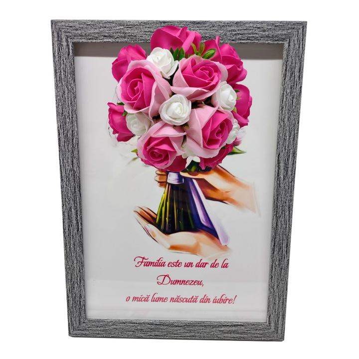Tablou in rama A4 (30x21 cm) - Familia este un dar de la Dumnezeu, o mica lume nascuta din iubire! - v12 decorat cu flori de sapun roz inchis - roz
