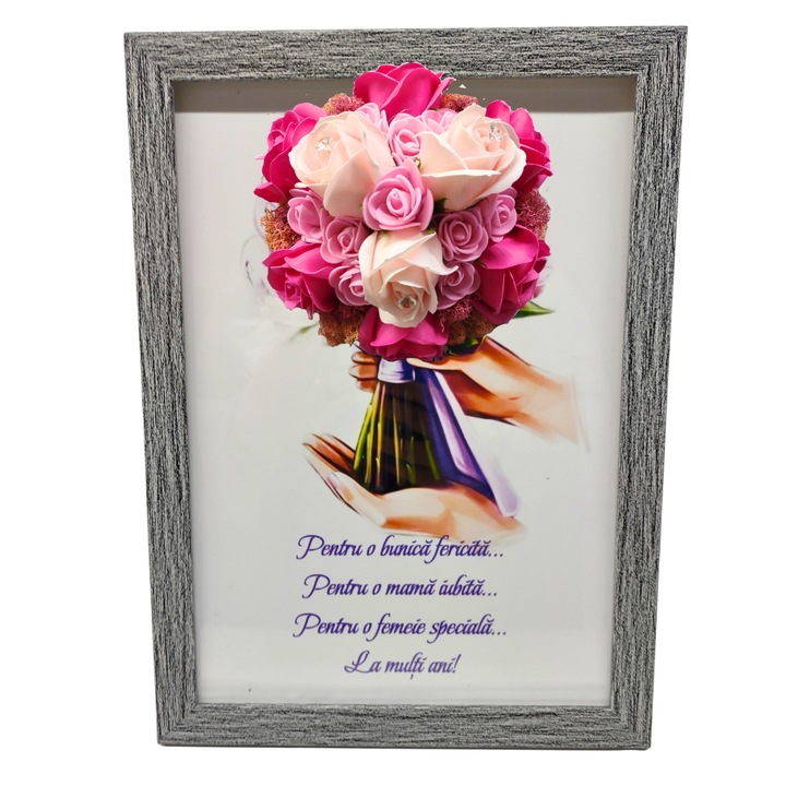 Tablou in rama A4 (30x21 cm) - Pentru o bunica fericita, pentru o mama iubita, pentru o femeie speciala, la multi ani! - v12 decorat cu flori de sapun roz - roz pal