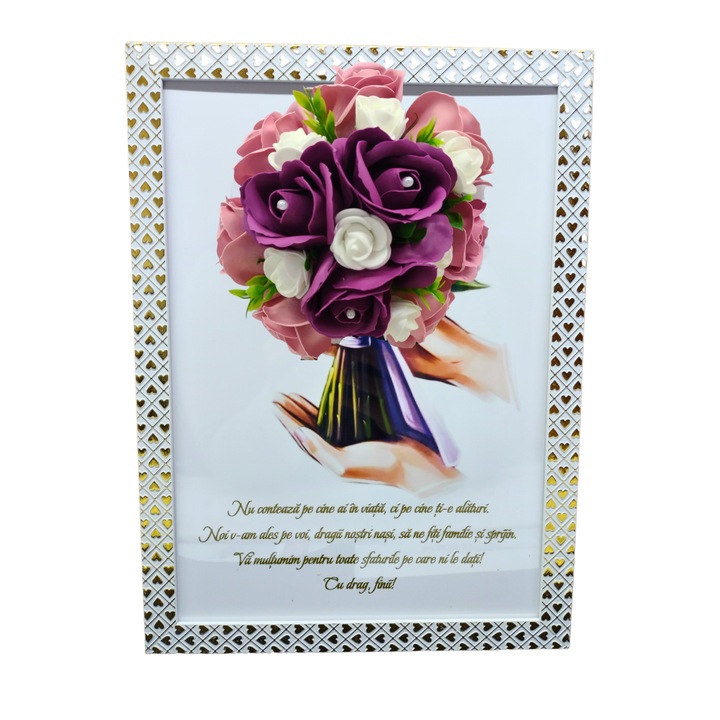 Tablou in rama A4 (30x21 cm) - Nu conteaza pe cine ai in viata, ci pe cine ti-e alaturi - v13 decorat cu flori de sapun visiniu - roz