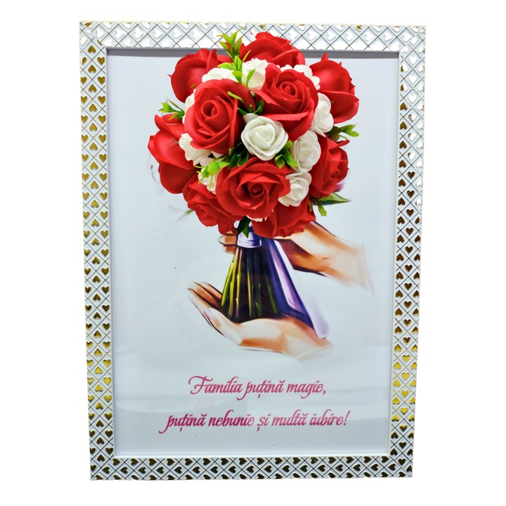 Tablou in rama A4 (30x21 cm) - Familia putina magie, putina nebunie si multa iubire - v13 decorat cu flori de sapun rosu - alb