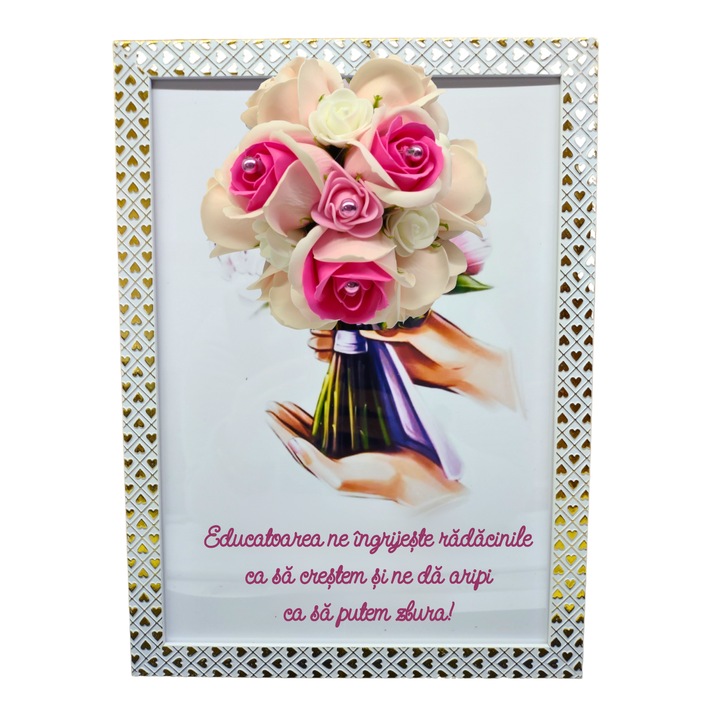 Tablou in rama A4 (30x21 cm) - Educatoarea ne ingrijeste radacinile ca sa crestem - v13 decorat cu flori de sapun roz deschis
