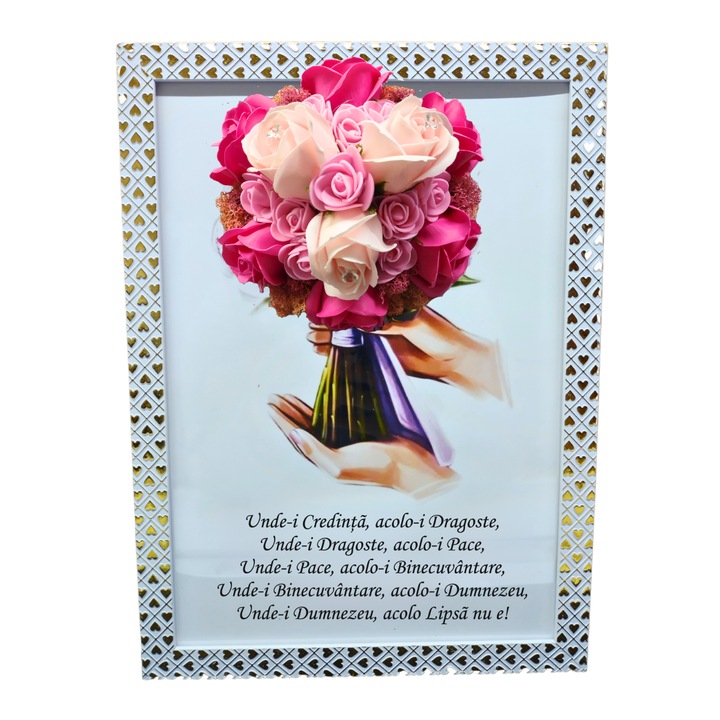 Tablou in rama A4 (30x21 cm) - Binecuvantarea Casei - v13 decorat cu flori de sapun roz - roz pal