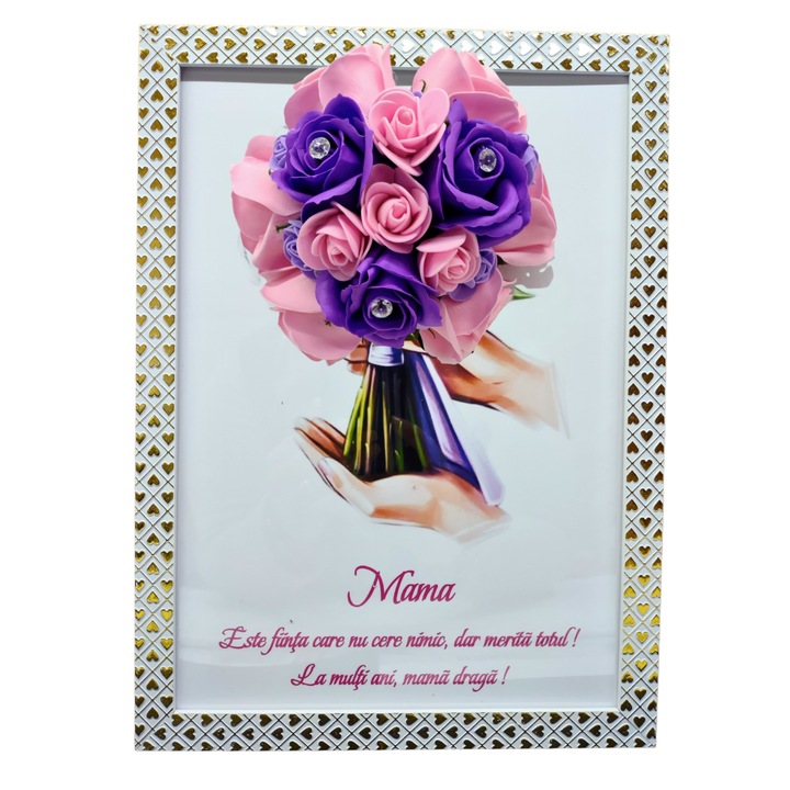 Tablou in rama A4 (30x21 cm) - Mama, Este fiinta care nu cere nimic, dar merita totul! La multi ani, mama draga! - v13 decorat cu flori de sapun mov - roz
