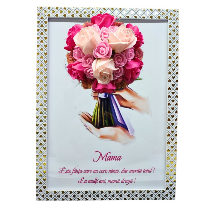 Tablou in rama A4 (30x21 cm) - Mama, Este fiinta care nu cere nimic, dar merita totul! La multi ani, mama draga! - v13 decorat cu flori de sapun roz - roz pal