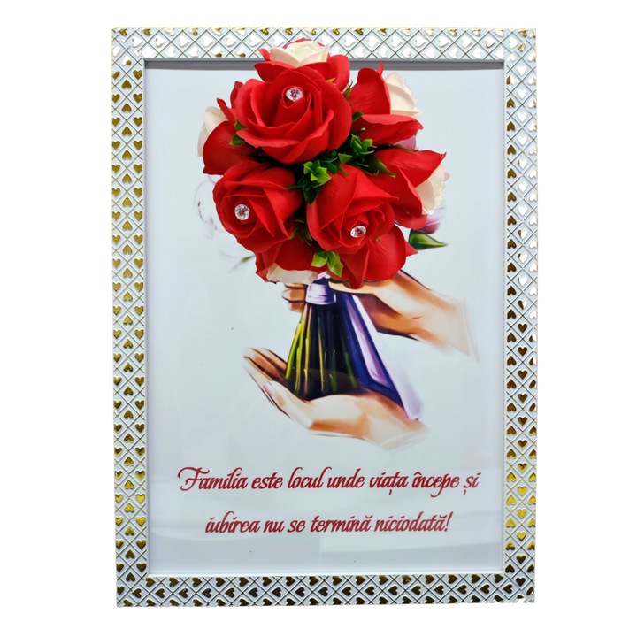 Tablou in rama A4 (30x21 cm) - Familia este locul unde viata incepe si iubirea nu se termina niciodata - v13 decorat cu flori de sapun rosii