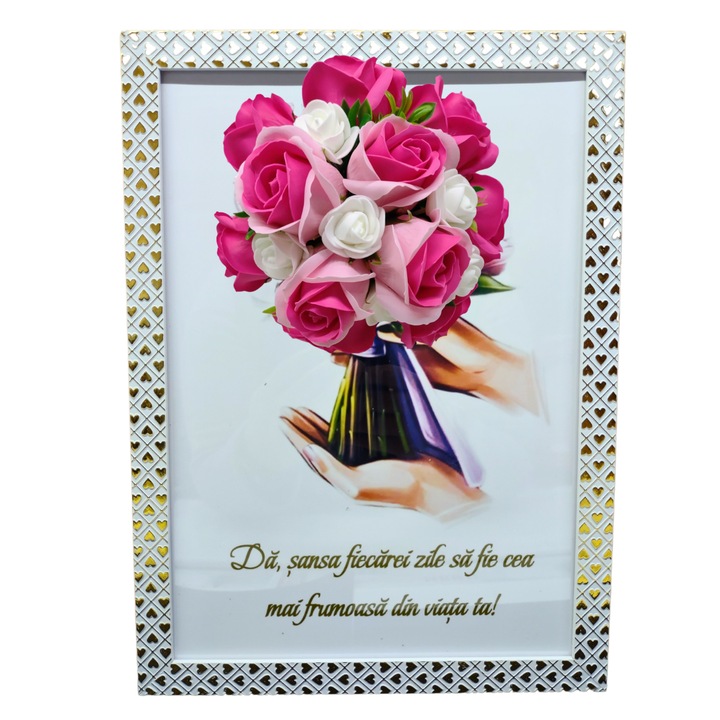 Tablou in rama A4 (30x21 cm) - Da sansa fiecarei zile sa fie cea mai frumoasa din viata ta! - v13 decorat cu flori de sapun roz - roz inchis