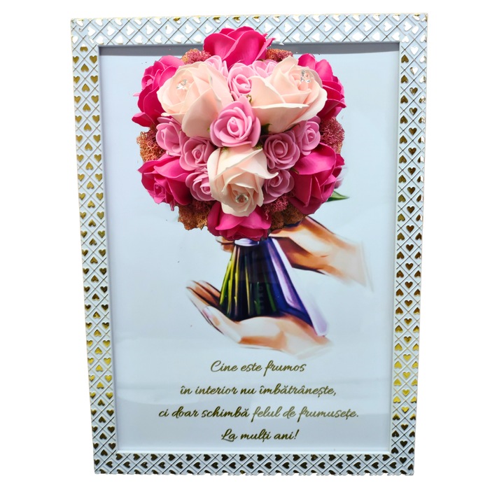 Tablou in rama A4 (30x21 cm) - Cine este frumos in interior nu imbatraneste, ci doar schimba felul de frumusete -v13 decorat cu flori de sapun roz - roz pal