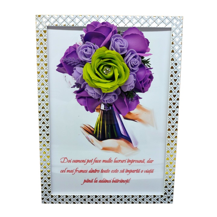 Tablou in rama A4 (30x21 cm) - Doi oameni pot face multe lucruri impreuna -v13 decorat cu flori de sapun mov - verde