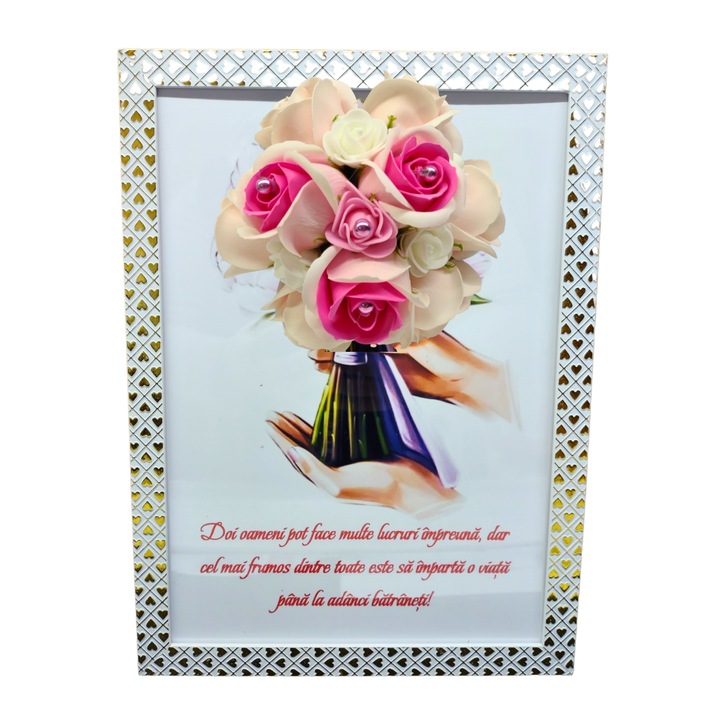 Tablou in rama A4 (30x21 cm) - Doi oameni pot face multe lucruri impreuna -v13 decorat cu flori de sapun roz deschis