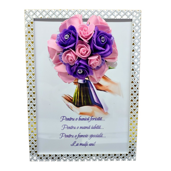 Tablou in rama A4 (30x21 cm) - Pentru o bunica fericita, pentru o mama iubita, pentru o femeie speciala, la multi ani! - v13 decorat cu flori de sapun mov - roz