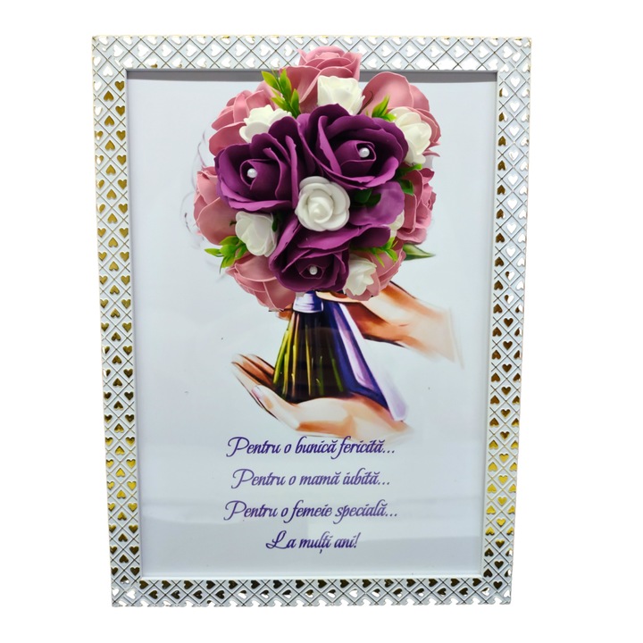 Tablou in rama A4 (30x21 cm) - Pentru o bunica fericita, pentru o mama iubita, pentru o femeie speciala, la multi ani! - v13 decorat cu flori de sapun visiniu - roz