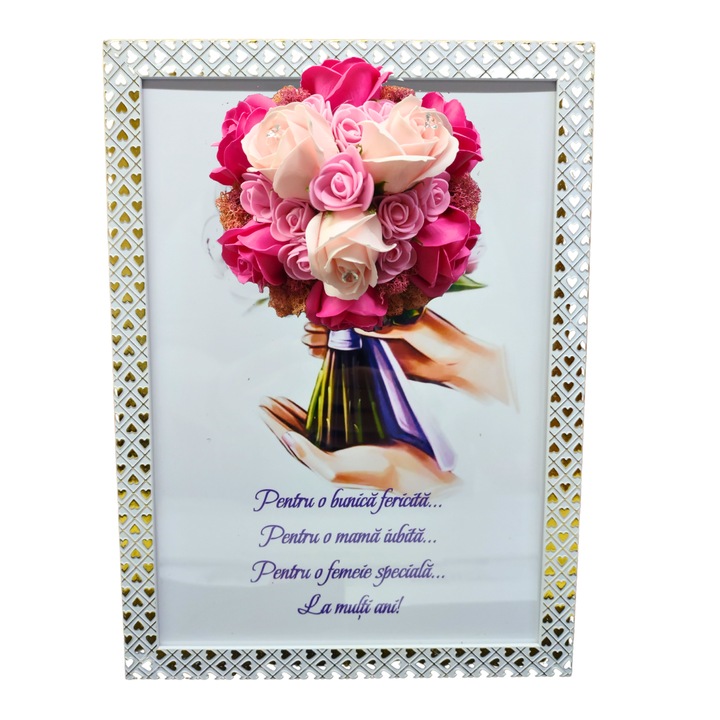 Tablou in rama A4 (30x21 cm) - Pentru o bunica fericita, pentru o mama iubita, pentru o femeie speciala, la multi ani! - v13 decorat cu flori de sapun roz - roz pal