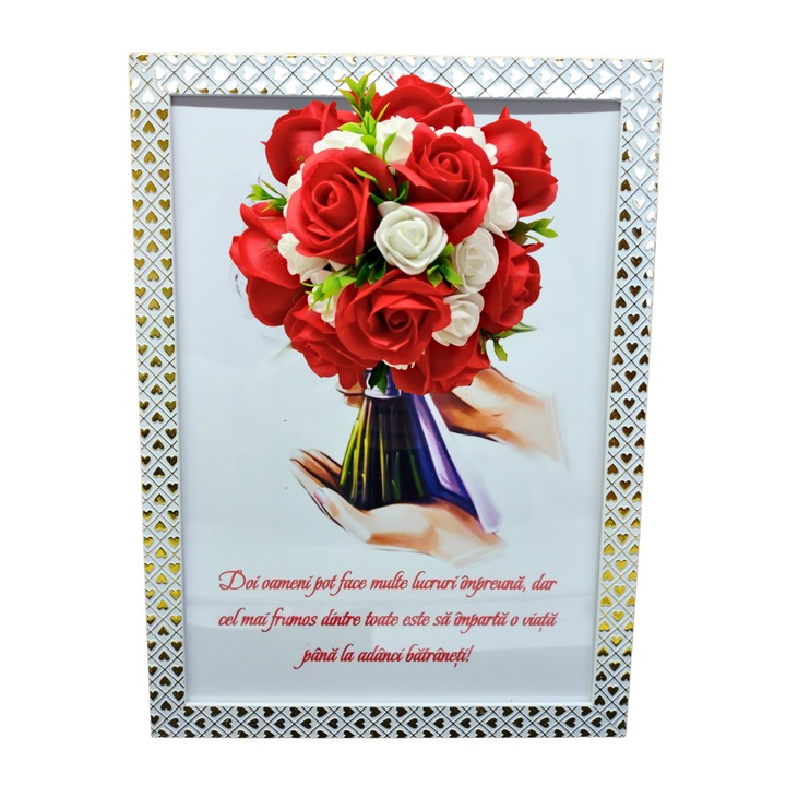 Tablou in rama A4 (30x21 cm) - Doi oameni pot face multe lucruri impreuna - v13 decorat cu flori de sapun rosu - alb