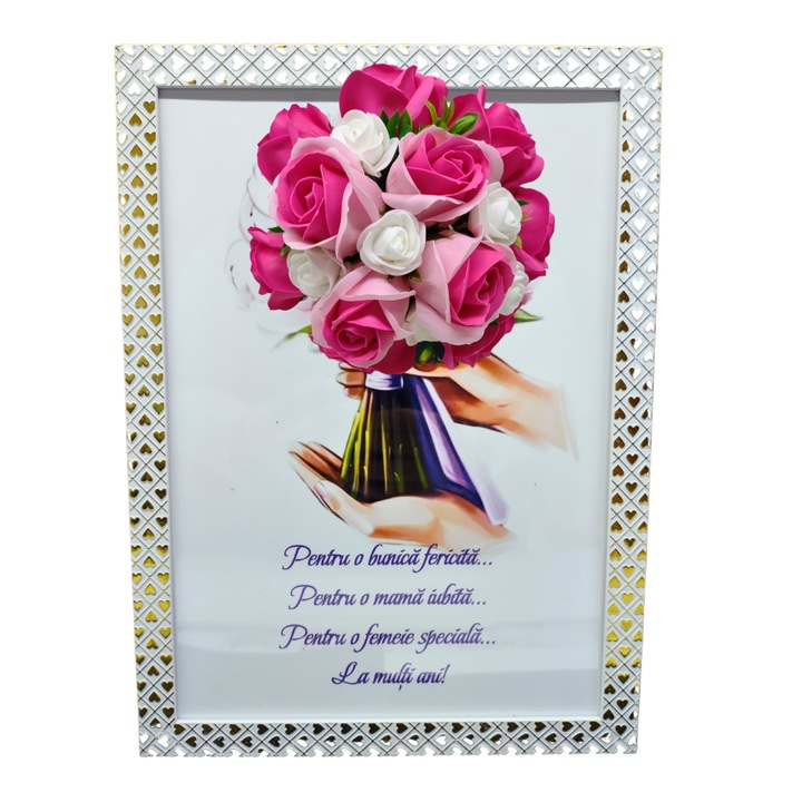Tablou in rama A4 (30x21 cm) - Pentru o bunica fericita, pentru o mama iubita, pentru o femeie speciala, la multi ani-v13 decorat cu flori de sapun roz-roz inchis
