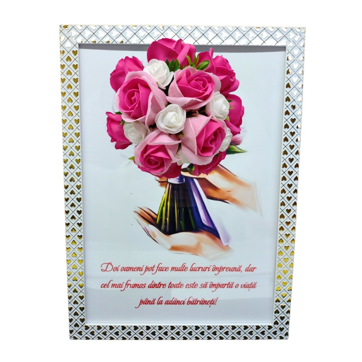 Tablou in rama A4 (30x21 cm) - Doi oameni pot face multe lucruri impreuna - v13 decorat cu flori de sapun roz - roz inchis