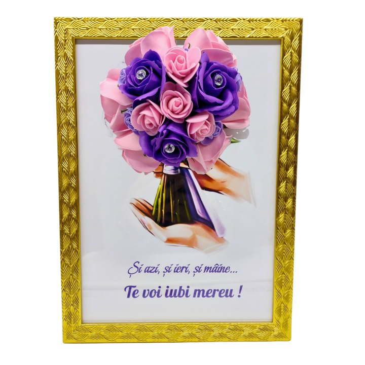 Tablou in rama A4 (30x21 cm) - Si azi, si ieri, si maine...Te voi iubi mereu! - v14 decorat cu flori de sapun mov - roz
