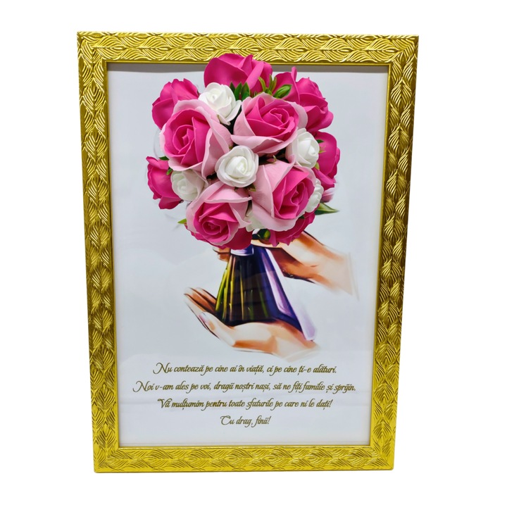 Tablou in rama A4 (30x21 cm) - Nu conteaza pe cine ai in viata, ci pe cine ti-e alaturi - v14 decorat cu flori de sapun roz - roz inchis