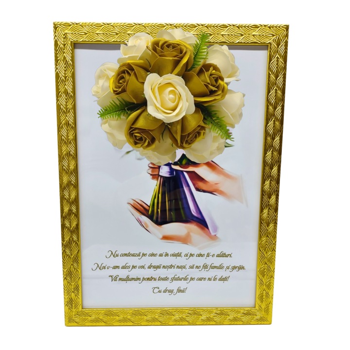 Tablou in rama A4 (30x21 cm) - Nu conteaza pe cine ai in viata, ci pe cine ti-e alaturi - v14 decorat cu flori de sapun galben - auriu