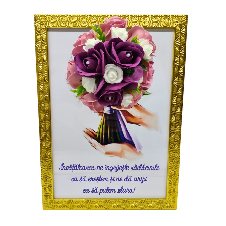 Tablou in rama A4 (30x21 cm) - Invatatoarea ne ingrijeste radacinile ca sa crestem - v14 decorat cu flori de sapun visiniu - roz