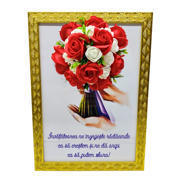 Tablou in rama A4 (30x21 cm) - Invatatoarea ne ingrijeste radacinile ca sa crestem - v14 decorat cu flori de sapun rosu - alb