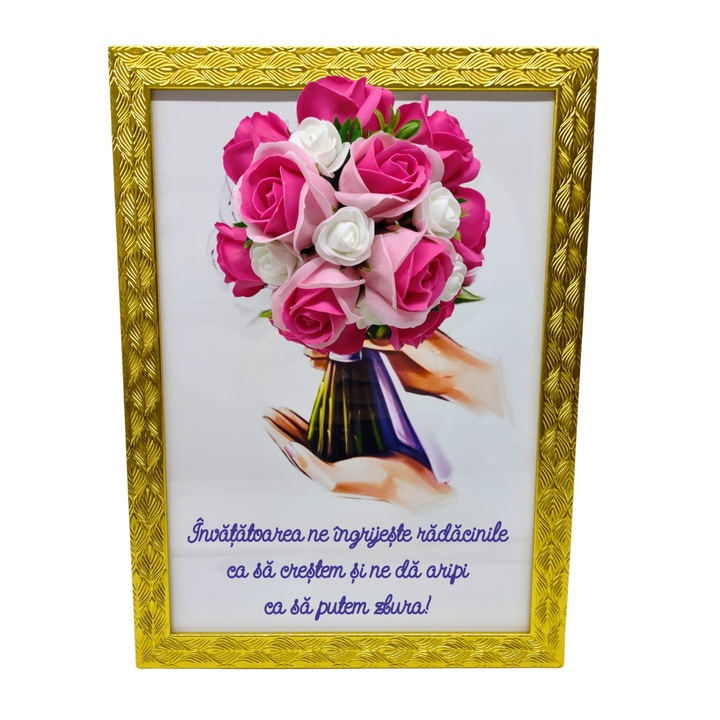 Tablou in rama A4 (30x21 cm) - Invatatoarea ne ingrijeste radacinile ca sa crestem - v14 decorat cu flori de sapun roz - roz inchis