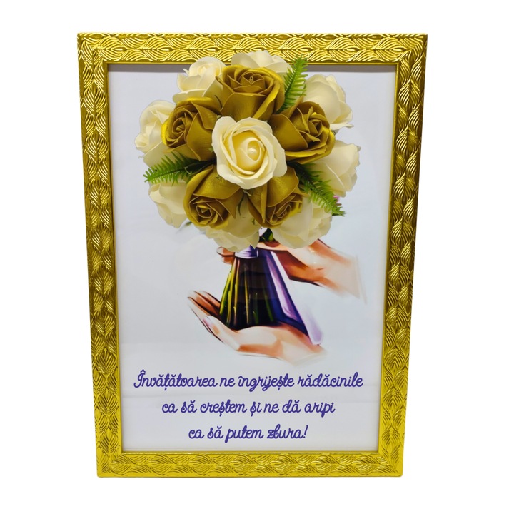 Tablou in rama A4 (30x21 cm) - Invatatoarea ne ingrijeste radacinile ca sa crestem - v14 decorat cu flori de sapun galben - auriu