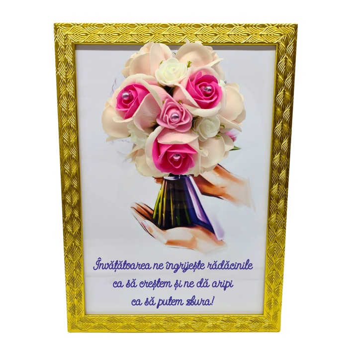 Tablou in rama A4 (30x21 cm) - Invatatoarea ne ingrijeste radacinile ca sa crestem - v14 decorat cu flori de sapun roz deschis