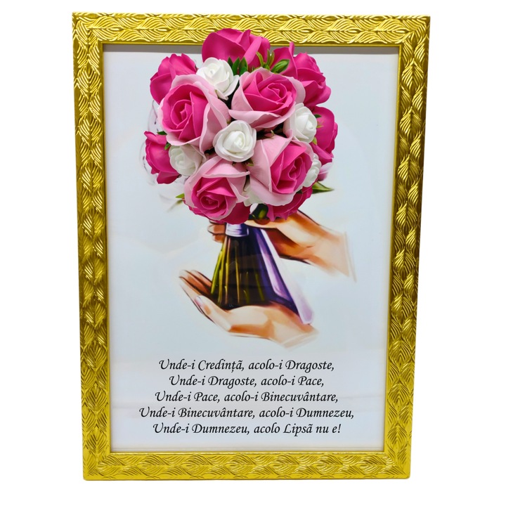 Tablou in rama A4 (30x21 cm) - Binecuvantarea Casei - v14 decorat cu flori de sapun roz-roz pal