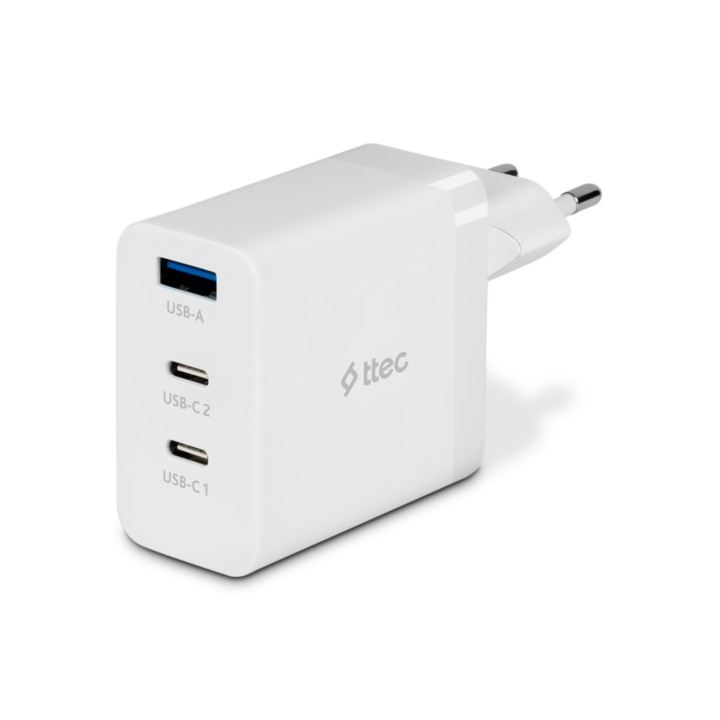 Зарядно ttec, 220V, SmartCharge, r Trio, GAN, 65W, PD, Travel Fast Charger, 2 USB-C+USB-A, Бял