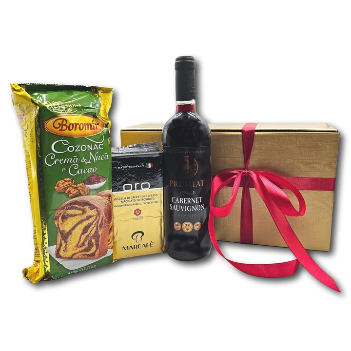 Pachet cadou festiv, CADOURI PREMIUM, model Smart Gift, cu vin romanesc, cozonac Boromir si cafea speciala pentru momente de sarbatoare