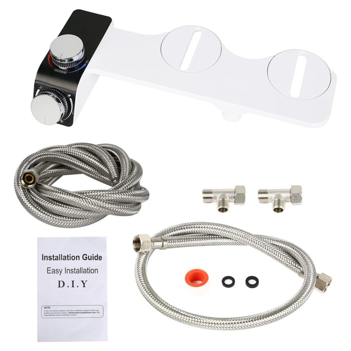 Bideu Non Electric Ultra Slim, Functie De Apa Calda Si Rece, Presiune Ajustabila, Montaj usor Pe Vasul De Toaleta, Pentru Igiena Personala Doamne si Domni, Duze Duble Cu functie de auto-curatare