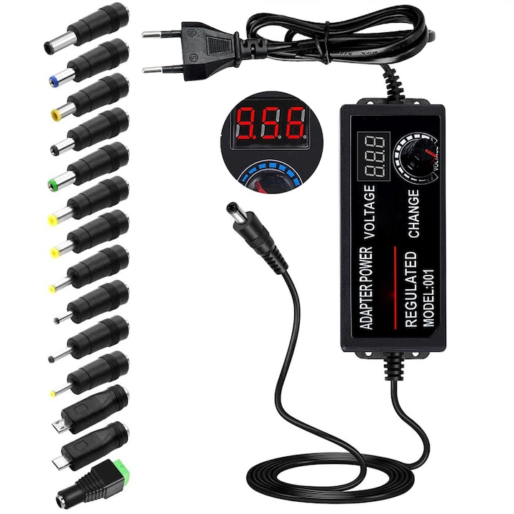 Alimentator Reglabil Universal 3-36V, 2A, Afisaj Digital de Voltaj si 14 Conectori, AC DC, Negru