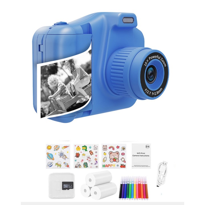 Детска камера, Walalla, 48MP, 1920 x 1080 px, 1280 x 720 px, 1000 mAh, С аксесоари, 32 GB карта, Син