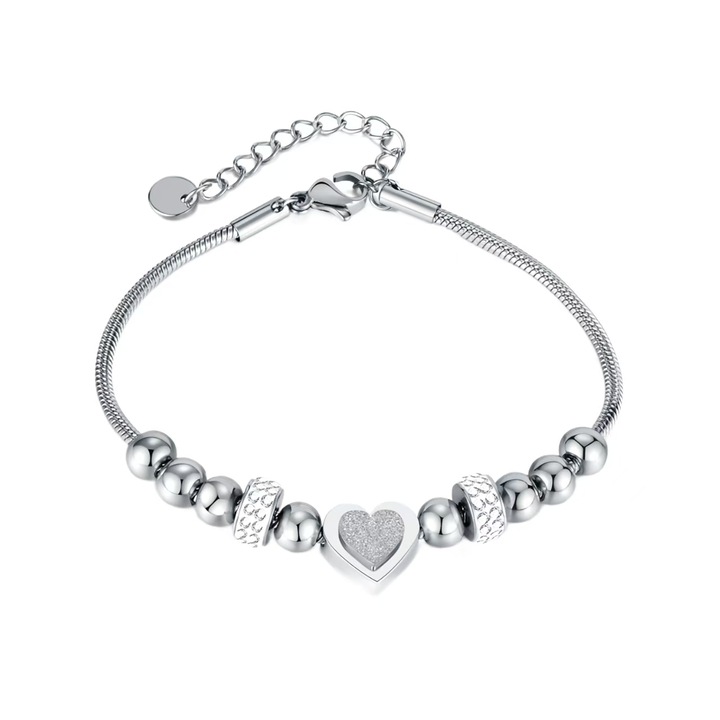 Bratara dama cu inima cu margele, cu zirconiu, otel titan, argintiu