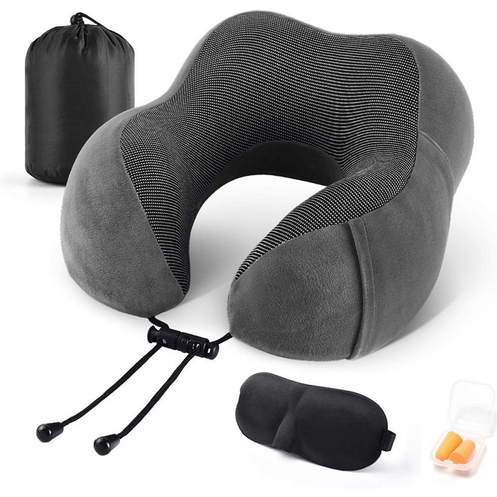 Възглавница за пътуване, NUODWELL, подплата от мемори пяна, увита опора за врата, лесна за съхранение, предлага се с калъфка, маска за очи, тапи за уши, сиво