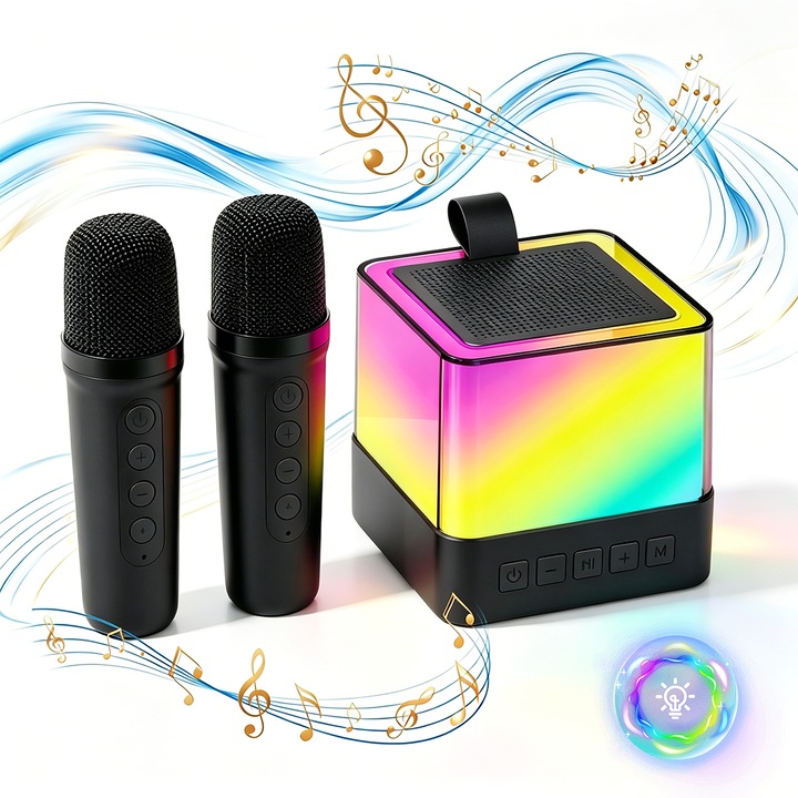 Microfon karaoke Smart copii si adulti, Yulinland, difuzor portabil bluetooth, wireless, 4 efecte voce, 2 microfoane incluse, potrivit pentru petreceri si sarbatori, Lumina RGB, Incarcare de Type-c, TF card, USB, Aux, Culoare negru