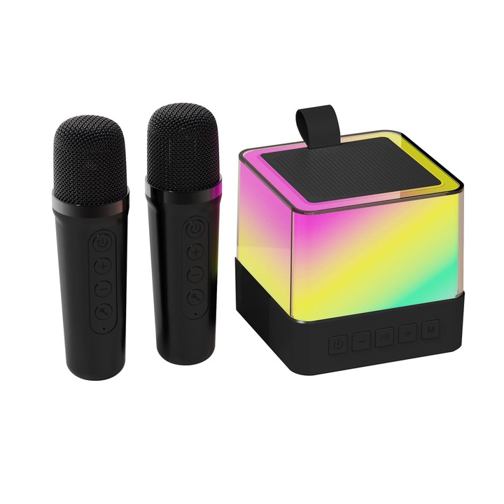 Microfon karaoke Smart copii si adulti, Yulinland, difuzor portabil bluetooth, wireless, 4 efecte voce, 2 microfoane incluse, potrivit pentru petreceri si sarbatori, Lumina RGB, Incarcare de Type-c, TF card, USB, Aux, Culoare negru