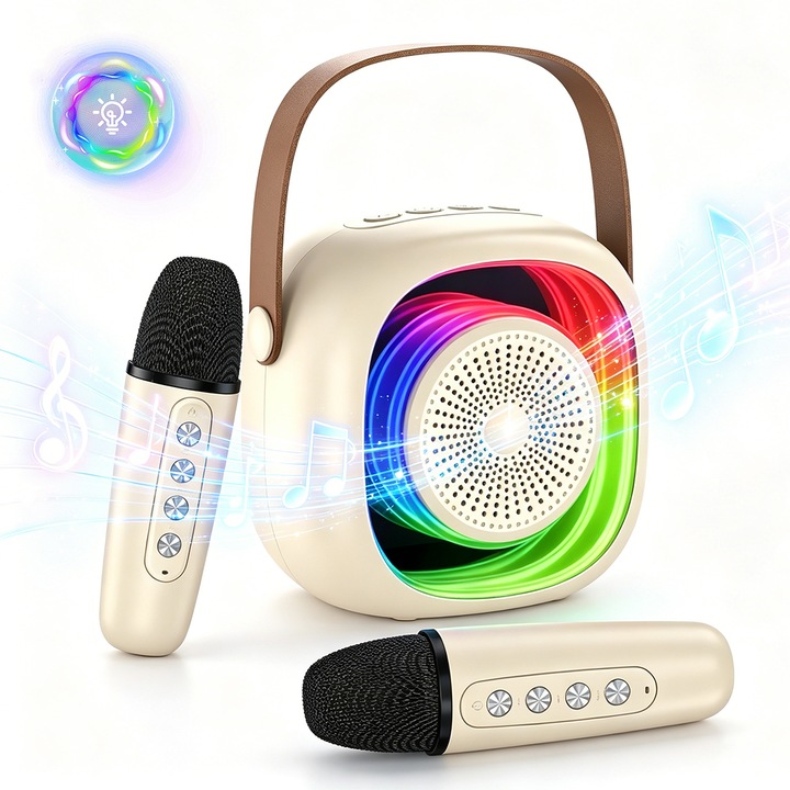 Set 2 microfoane karaoke copii si adulti cu difuzor portabil, Yulinland, Wireless, Bluetooth 5.3, Lumina RGB, Incarcare de Type-c, TF card, Aux, potrivit pentru petreceri si sarbatori, bej