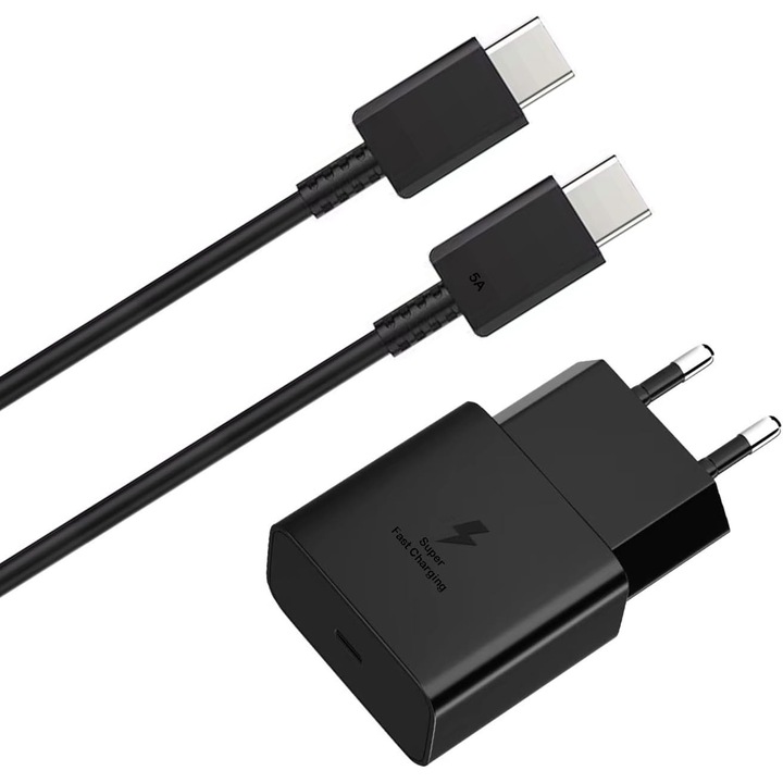 Incarcator rapid, 25 W, Cablu de incarcare tip C, Negru