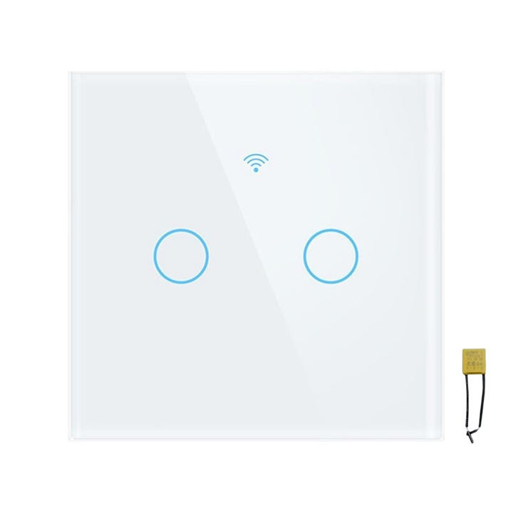 Интелигентен сензорен превключвател, Wi-Fi, без null/null, 10A, 2 канала, RF 433MHz, безопасно стъкло, Tuya, Life Smart, съвместим с Amaxon Alexa/Google Assistant, бял