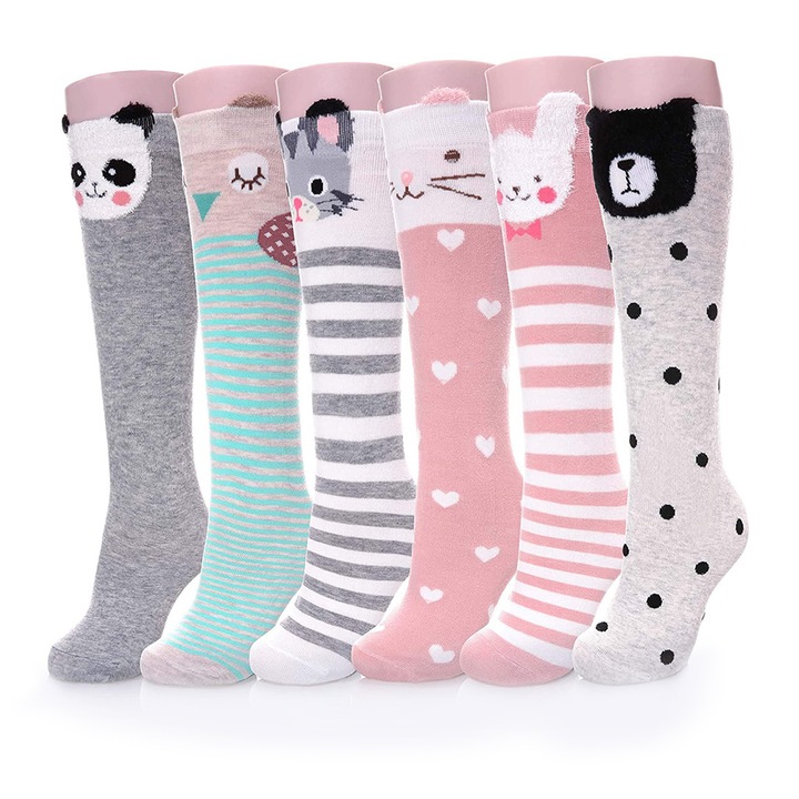 Set de 6 perechi sosete peste genunchi pentru copii, Yulinland, Imprimeu grafic animalului, dragute si confortabile, bumbac, marime universala, 3-12 ani, multicolor