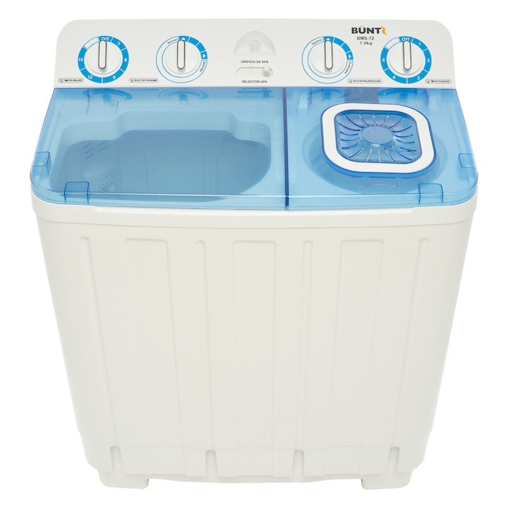 Masina de spalat rufe semiautomata Büntz BMS-72, 7 Kg, Capacitate rufe stoarcere 5Kg, 330 W, Alb/Albastru