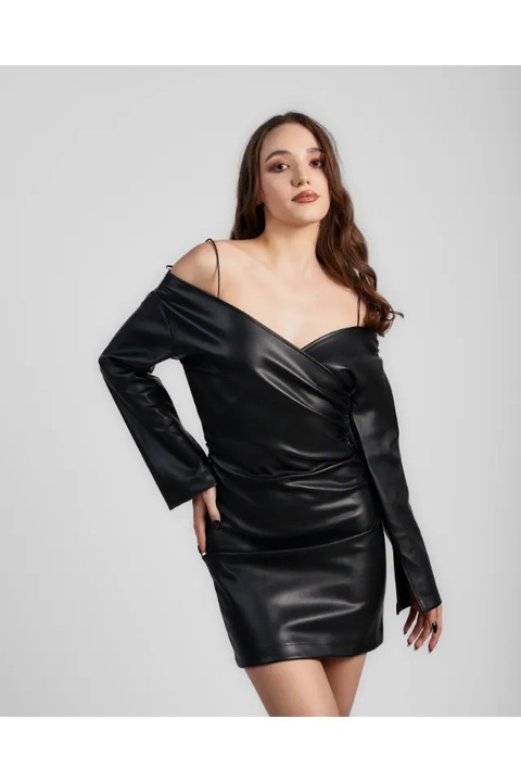 Рокля, Отворени рамене, Екологична кожа, Черен