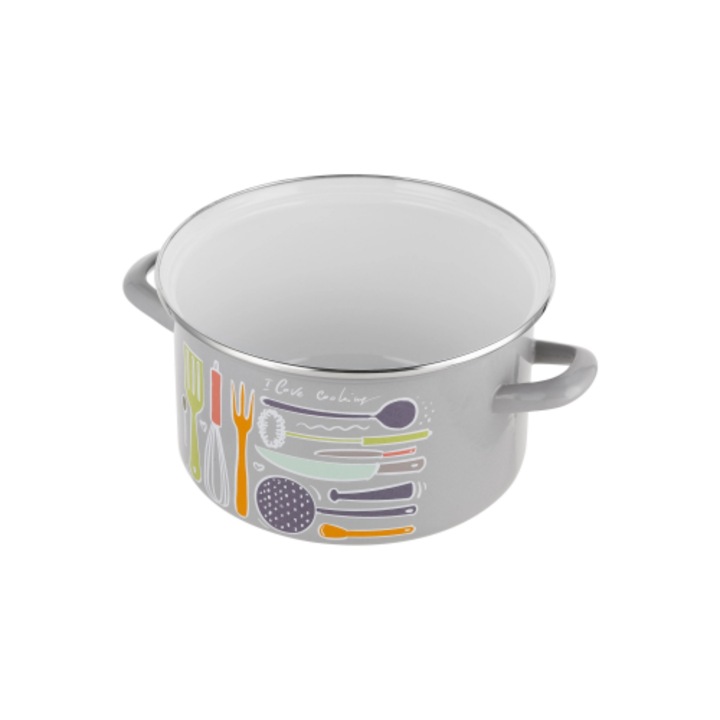 Oala cu capac din sticla, otel carbon, emailata, gri, 20cm, 3.7l, Staffio Florina