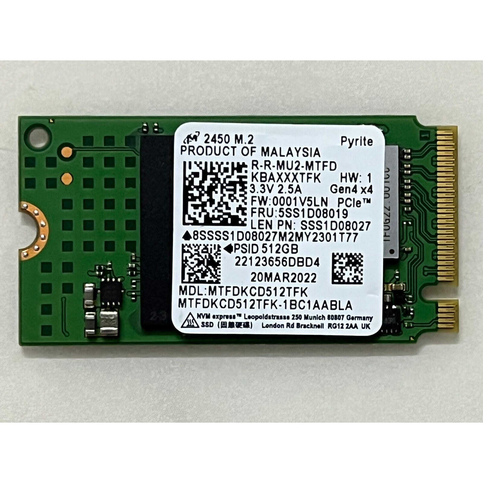 SSD Micron 2450, M.2 2242, MTFDKCD512TFK 512 GB PCIe Gen4x4 NVMe Pyrite ...